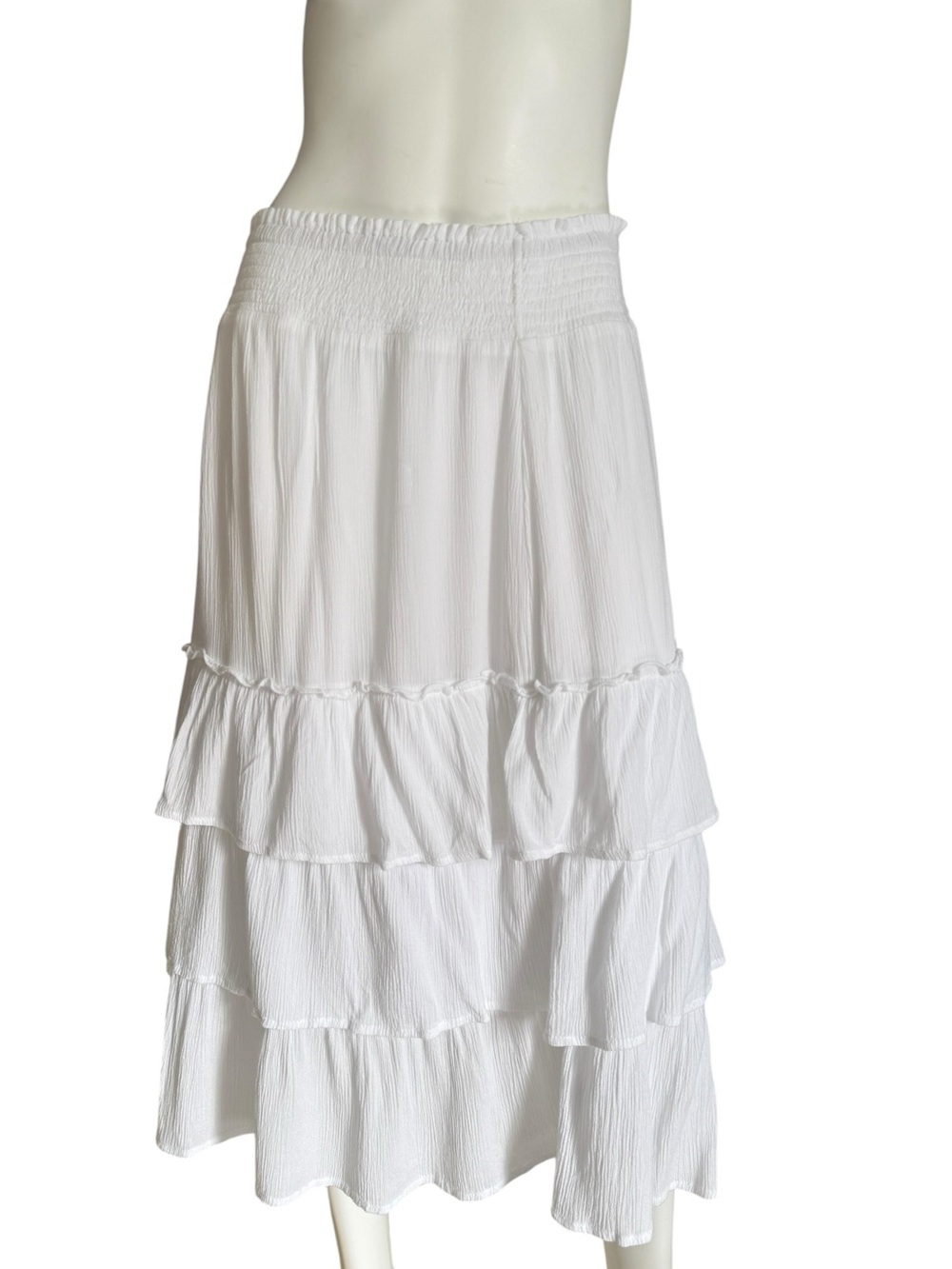 Studio West White Tiered Midi Skirt‎ Smocked Waist Boho Cottagecore Size S